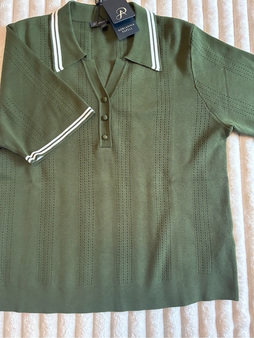 Adrianna Papell Olive Green V-Neck Collared Sweater Large NWT